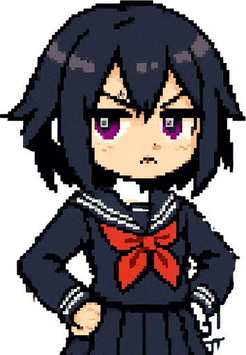 A cute anime-style girl in pixel art, with an emo aesthetic and striking purple eyes. She wears a classic Japanese school uniform (sailor fuku) and is often shown with a slightly grumpy expression, reflecting a bit of a tsundere personality. She stands confidently with her hands on her hips and a slight tilt to her posture. Behind her is a typical Japanese classroom, enhancing the school-themed atmosphere..
In-Game asset.  2d.  High contrast.  No shadows