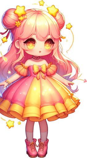 A very colourful sparkling pink fairy doll in yellow orange and soft colours kawaii doll with glowing jellys stars kawaii sweet beautiful wearing beautiful dress shoes magical wand.
Single Game Texture. In-Game asset. 3d. Blank background. High contrast. No shadows.theme