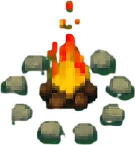 Kamp ateşi ve etrafındaki taşlar daha küçük olsun ve harita daha büyük olsun(daha da yukarıdan bakıyormuş gibi)