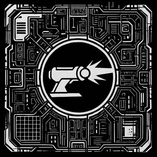 2D Top floor of complicated tower facing the screen to use it as a grid. future. Cyberpunk. abstract. seen from above. HD colors. Black & white colors. No Diagonal assets. Big logo of a cannon firing on the middle of it.