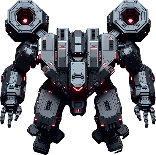 Overhead view. A heavily armored attack robot. Two arms with large gauntlet type fists. Four large red glowing eyes. Three distinct parts, body and two arms. Symmetrical design. Birds Eye view above them looking down on their head. Simple shapes. Low detail. Cyberpunk, black with red glowing highlights..
Single Game Texture. In-Game asset. 2d. Blank background. High contrast. No shadows.