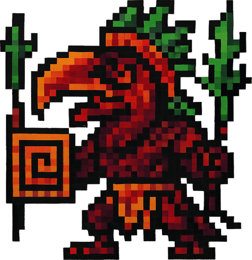 Genérame un Tucan guerra azteca con eso patrones estilo pixelar, con una apariencia maligna.
In-Game asset.  2d.  High contrast.  No shadows