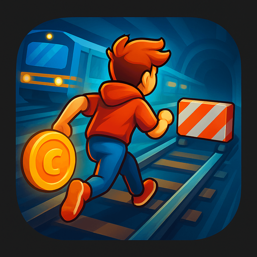 Modern App Store icon, high definition, square with rounded corners, for a game titled "Metro Dash" and with the description "An exciting endless runner where you dash through subway tracks, dodging obstacles and collecting coins. Swipe to change lanes, jump over barriers, and slide under obstacles while your character automatically runs forward at increasing speeds. Grab power-ups to enhance your run and see how far you can go!". No text on icon!
