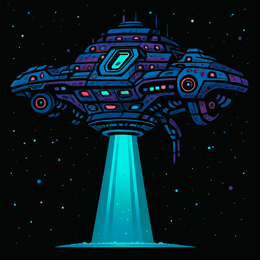 Big detailed alien star cruiser with lights and tractor beam beaming down.
In-Game asset.  2d.  High contrast.  No shadows