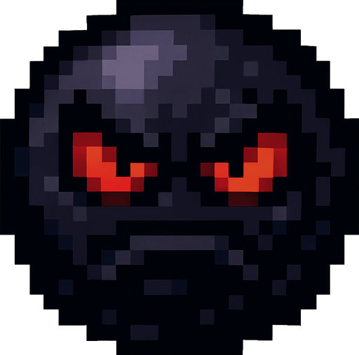 orbe oscuro de pixeles con cara enojada.
In-Game asset.  2d.  High contrast.  No shadows