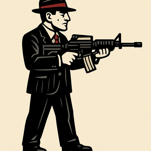 un mafioso italiano usando un m4 con la perspectiva lateral de cuerpo completo
In-Game asset.  2d.  High contrast.  No shadows