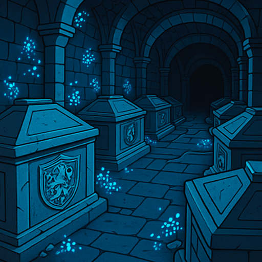 A sacred royal crypt deep underground, stone tombs with carved family crests, faint blue glow from fungi, complete silence.
In-Game asset.  2d.  High contrast.  No shadows