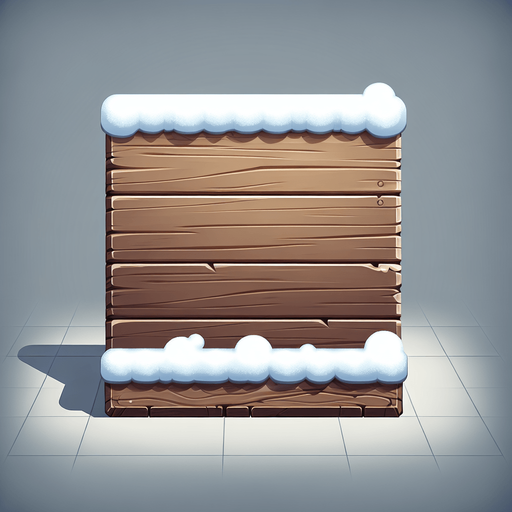 A wooden plan with snow on top edge. In game gui element. Flat front view. Single Game Texture. In-Game asset. 2d. Blank background. High contrast. No shadows.