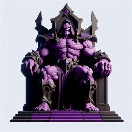 Giant muscular evil wizard with purple skin and a menacing scowl sitting in a black throne..
Single Game Texture. In-Game asset. 2d. Blank background. High contrast. No shadows.