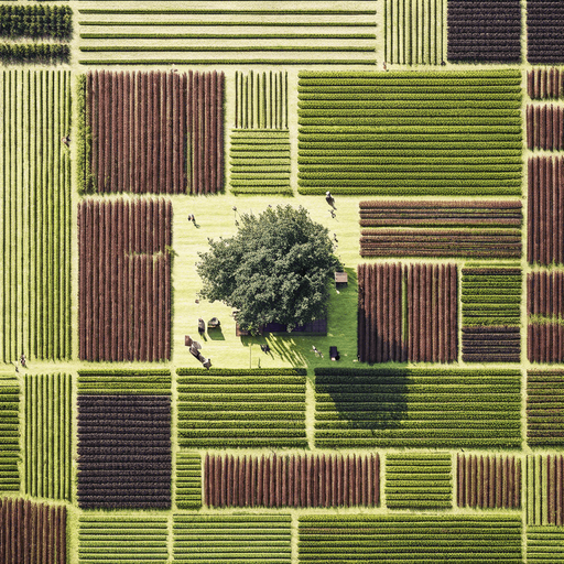 The same image, but in a lush and green setting, where grass is growing in all the fields