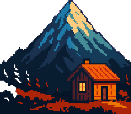 Montaña con casa en atardecer, pixelart.
In-Game asset.  2d.  High contrast.  No shadows