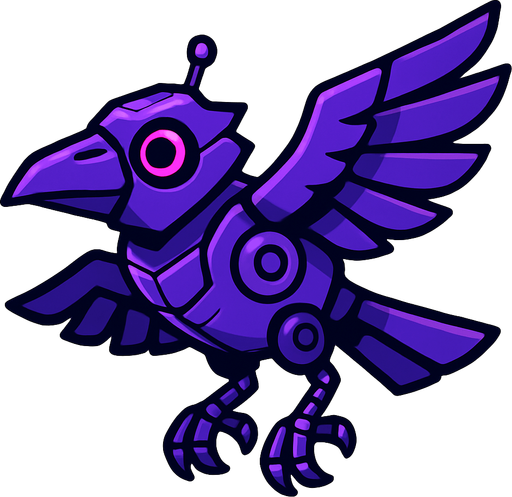 Crow robot morado volando.
In-Game asset.  2d.  High contrast.  No shadows