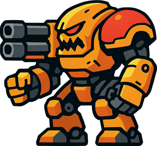Aggressive strong big robot 2d game right side.
In-Game asset.  2d.  High contrast.  No shadows