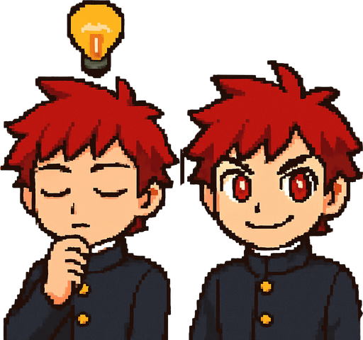 A kawaii anime boy with red eyes and a serious expression stands with his eyes closed, resting a hand under his chin in a thoughtful pose. He’s wearing a traditional Japanese school uniform called a gakuran. Suddenly, a lightbulb appears above his head—the classic symbol of a brilliant idea. He opens his eyes with determination, a confident smile forming on his face. It's Pixel Art.