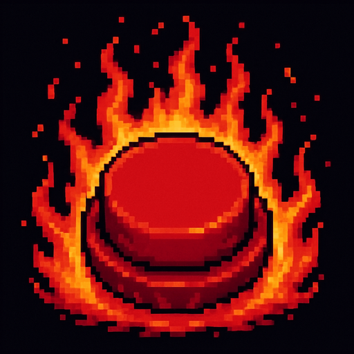 700x700(total size) black red button (like hell fire around and into button) (cute pixel art). no writing
No shadows