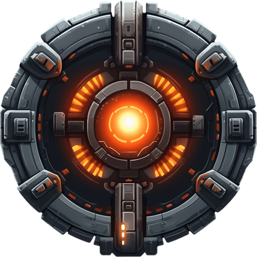 Dark circular power up indicating double cannons.
Game Texture. In-Game asset. 2d. Pixelart. White background. Blank background. Low detail. High contrast.