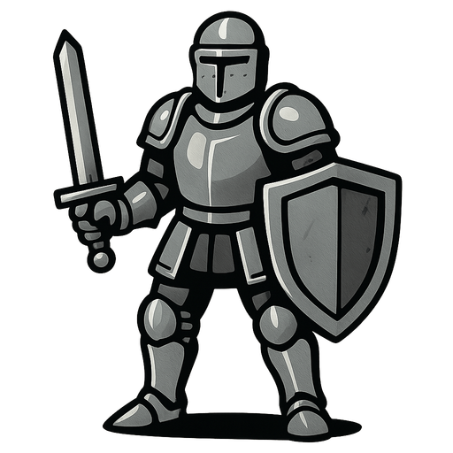 Human with Iron Armor, iron sword and iron shield.
In-Game asset.  2d.  High contrast.  No shadows