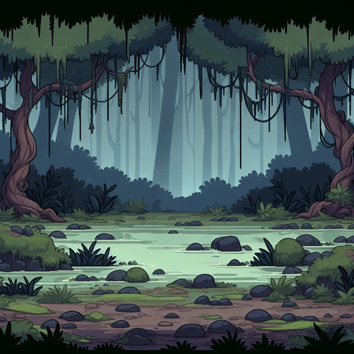 Cartoon tileable swamp background, dark
Single Game Texture. In-Game asset. 2d. Blank background. High contrast. No shadows.