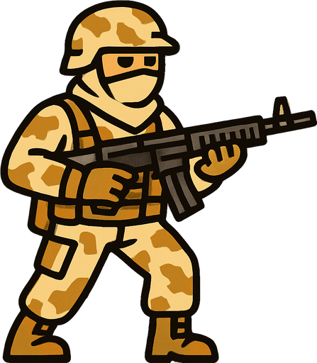 silahlı çöl kıyafeti giyen bir asker.
In-Game asset.  2d.  High contrast.  No shadows