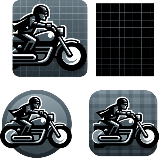 motosiklet kullanan havalı adam.
Single Game Texture. In-Game asset. 2d. Blank background. High contrast. No shadows.