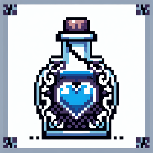 gothic pixel art potion with a blue heart symbol
Single Game Texture. In-Game asset. 2d. Blank background. High contrast. No shadows.