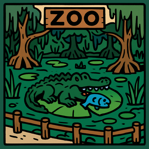 A swamp like zoo exhibit with a crocodile on top of a lily pad with a fish.
In-Game asset.  2d.  High contrast.  No shadows