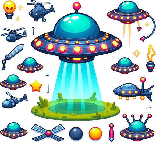 Create a cartoon-style  UFO obstacle for a helicopter game. The UFO should be rounded with glowing lights, antennas, and a colorful alien style..
Single Game Texture.  In-Game asset.  2d.  Blank background.  High contrast.  No shadows
