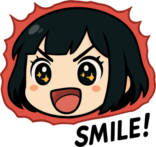 Haz una animación en la que solo se vea su cara recortada, un aura de energía roja rodeándola, y que aparezca como una viñeta que demuestre que está a punto de hacer su acción definitiva. Que escriba la palabra SMILE! abajo a la derecha. La imagen debe tener un fondo color gris