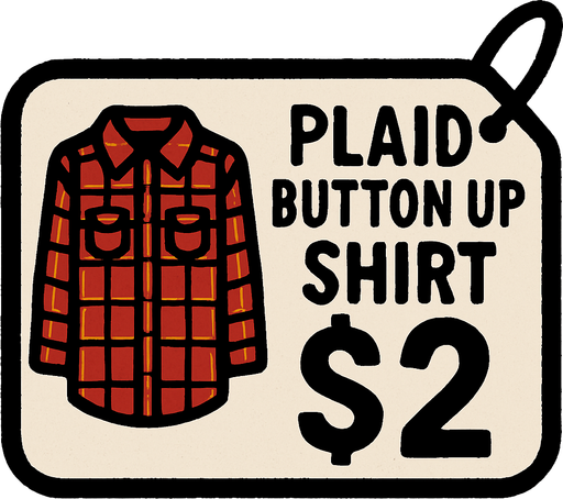 price tag that says plaid button up shirt $2.
In-Game asset.  2d.  High contrast.  No shadows
