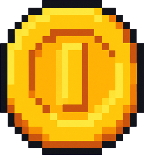 Pixel, 2d, Coin.
In-Game asset.  2d.  High contrast.  No shadows