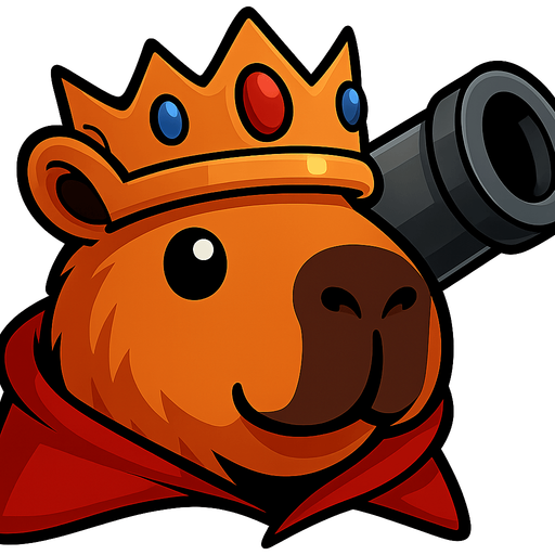 Quitale la resortera y el casco. Añadele una corona de rey con gemas. Añade tambein una capa roja. Agrega en la parte de atras un cañon. Dame la imagen sin fondo.