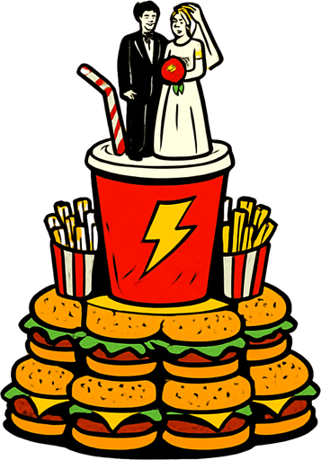90s comic book style fast food style wedding cake.
In-Game asset.  2d.  High contrast.  No shadows