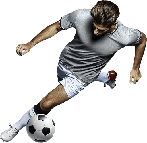 a soccer player top down running with a ball.
Single Game Texture. In-Game asset. 2d. Blank background. High contrast. No shadows.