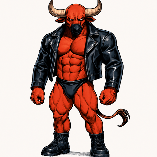 idle animation hunky Minotaur man Cyberpunk manga, minotaur monster hunk, shiny black leather biker jacket longsleeves shirtless muscles, jockstrap combat boots, Background removed, "Full-body character, entirely in frame, no cropping of face, head, or feet" "Complete character visible, from horns to hooves, fully centered in the image" "Entire character, including face and boots, fully within the frame" Character fully contained within a square frame, no edges cut off fashion model idle pose