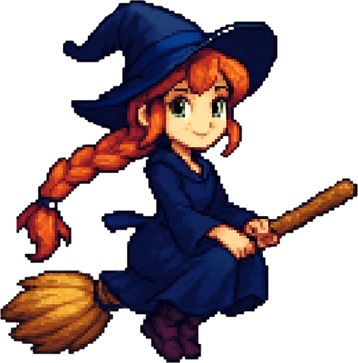 “High-quality 2D pixel art of a witch girl flying on a magic broomstick. She has fair skin, bright green eyes, and long orange braided hair. She is wearing a classic witch hat and outfit. She is sitting sideways on the broom (her body facing the viewer, but her head turned to look forward in the direction of flight). The background is a clear sky or night sky with stars. The art should have a magical, whimsical feeling with detailed shading and vibrant colors.”.
In-Game asset.  2d.  High contrast.  No shadows
