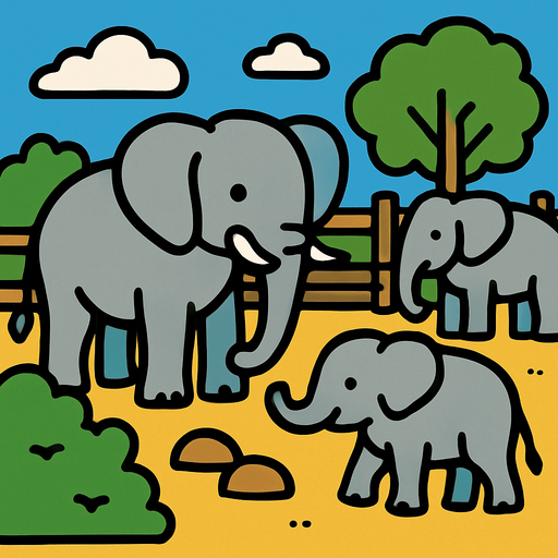 elephants in elephant enclosure.
In-Game asset.  2d.  High contrast.  No shadows