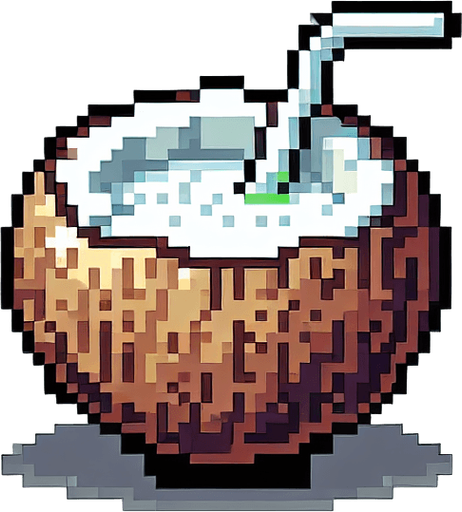 cartoon/8-bit. coconut drink. in a coconut..
Single Game Texture. In-Game asset. 2d. Blank background. High contrast. No shadows.
