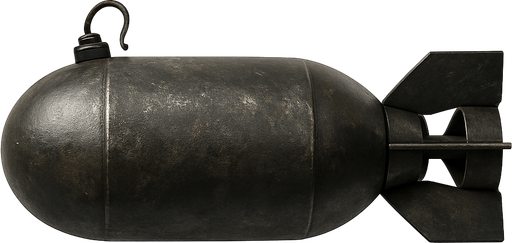 Bomba, gerçekçi, yandan görünüm, yazısız.
In-Game asset.  High contrast.  No shadows