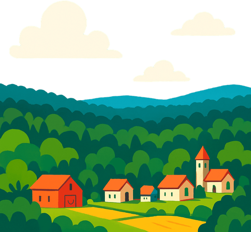 langit biru cerah, daerah hutan luas, di kejauhan ada pedesaaan sederhana. suasana pagi hari langit biru.
In-Game asset.  2d.  High contrast.  No shadows