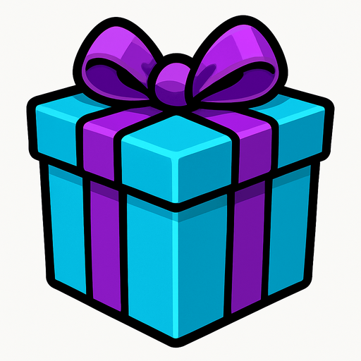 It has a purple ribbon and ribbons on a blue gift box.
In-Game asset.  2d.  High contrast.  No shadows