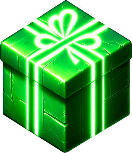 Christmas gift with glowing green wrapping paper Single Game Texture. In-Game asset. 2d. Blank background. High contrast. No shadows.