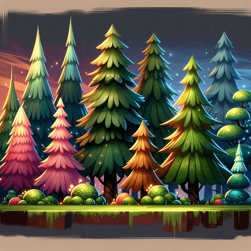 A group of stylized mid-ground trees for a vibrant 2D side-scrolling game. The trees should be clustered together, featuring a mix of pine and deciduous trees with slightly exaggerated shapes and soft shading. The colors should be rich and vibrant, blending well with a semi-realistic fantasy environment. Some trees should have glowing highlights on the edges for a magical effect. The background should be slightly blurred to create depth, with a painterly texture.".
Single Game Texture.  In-Game asset.  2d.  Blank background.  High contrast.  No shadows