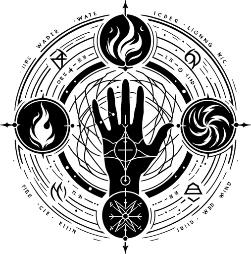 A hand silhouette centrally placed, with symbolic representations of different elements (fire, ice/water, lightning/wind) swirling around it or emanating from the fingertips. Could also be intersecting elemental runes..
Single Game Texture.  In-Game asset.  2d.  Blank background.  High contrast.  No shadows