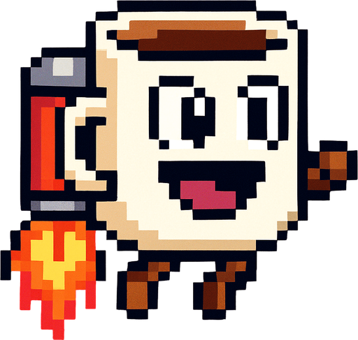 una tasa de cafe caricaturesca de pixeles con un jet pak.
In-Game asset.  2d.  High contrast.  No shadows
