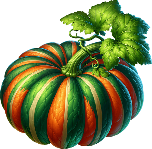 A lush pumpkin at the foot of its green stalk..
Single Game Texture. In-Game asset. 2d. Blank background. High contrast. No shadows.