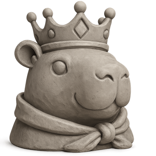 Recrealo en una escultura. Utiliza un estilo cartoon. Usas colores grises. Recuerda que es un capibara usas sus rasgos y formas. Damelo sin fondo, Quita el cañon de fondo