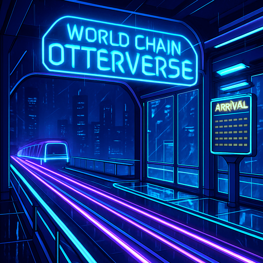 Generate an elevated monorail station at night, with neon rails and transparent glass platforms. Holographic signage over the tracks proclaims ‘World Chain Otterverse.’ Add animated train arrival indicators, rain streaks on glass, and distant skyscrapers—no characters or coins present..
In-Game asset.  2d.  High contrast.  No shadows