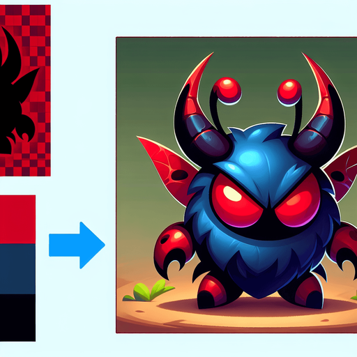 a cartoon bug. evil looking. dark blue and red color..
Single Game Texture. In-Game asset. 2d. Blank background. High contrast. No shadows.
