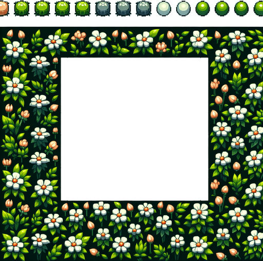 A sprite sheet of flowers with green buds. Overhead view..
Single Game Texture. In-Game asset. 2d. Blank background. High contrast. No shadows.
