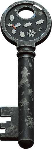 a simple dirty, dark and eerie Christmas bathroom key.
Single Game Texture. In-Game asset. 2d. Blank background. High contrast. No shadows.